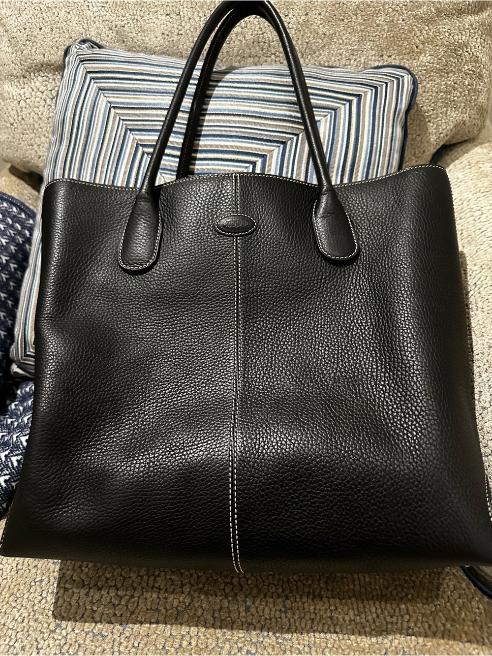 Black Leather Tote with Light Canvas Interior